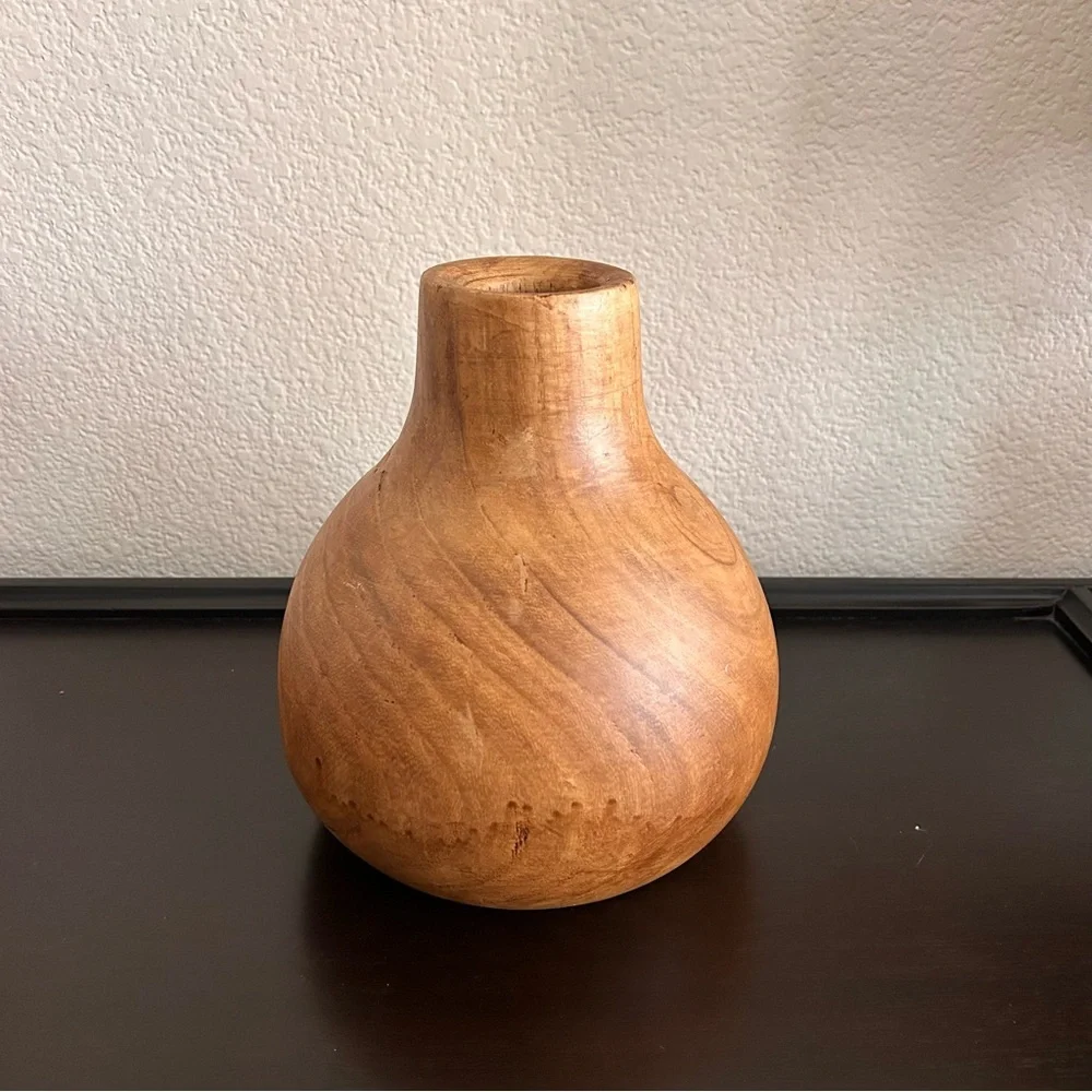 Handcrafted Paulownia Wood Vase – Rustic Brown Small Decorative Flower Vase 8”